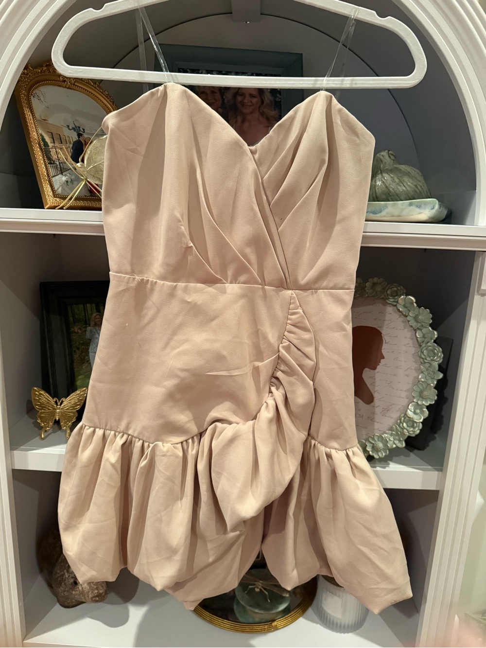 Strapless Tan Ruffle Mini Dress